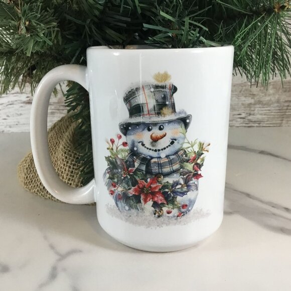 Plaid Snowman Winter Mug 15 oz Ceramic Coffee Cup - Picture 1 of 5